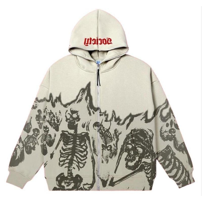 SexGirls Europa en Amerika Heren Street Skeleton Hoodie Paar Y2K Vintage Skeleton Hoodie Rits Hoodie Oversize Sweatshirt Gothic Top M beige