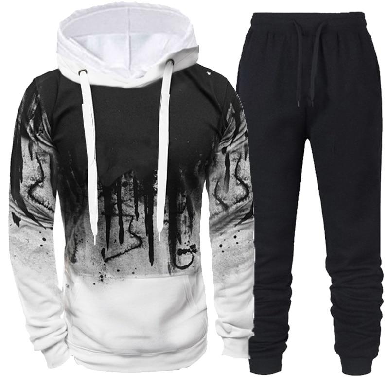 Factory Outlet Clothing Nieuwe Lente en Herfst heren Trui Pak Mannelijke Kleding Truien 2 Stuk Hoodie + Broek Mode Spatten Inkt sportkleding M wit