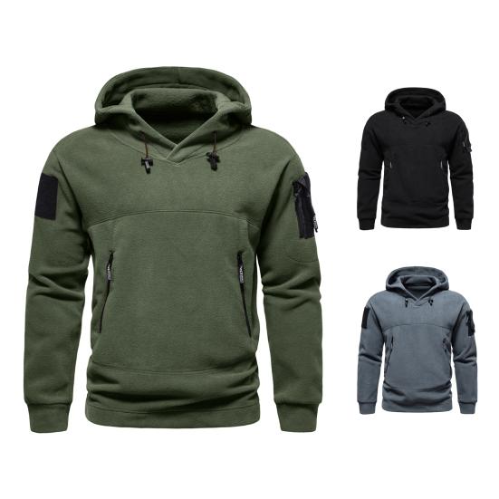 Tianhangyuan Trekkoord Lange Mouw Zakken Heren Hoodie Herfst Winter Effen Kleur Fleece Voering Sweatshirt Met Capuchon Dagelijkse Kleding 2XL legergroene kleur