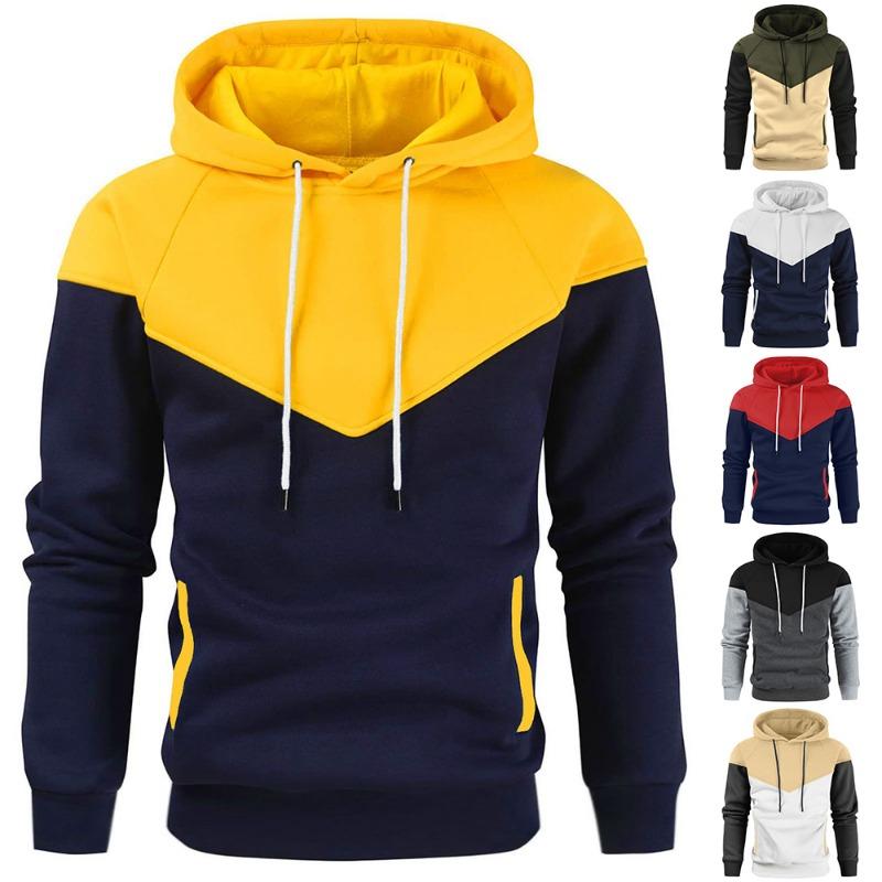 Pet supplies3 Heren patchwork sweatshirt met capuchon, hoodies, kleding, casual, losse fleece, warm, streetwear, herenmode, herfst, wintersport, uitloper M geel