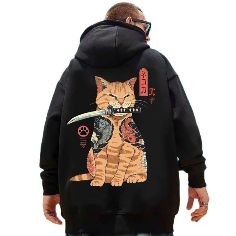 Xuhaijian02 Samurai kat bedrukte heren hooded sweatshirts Japans element grafische pullover herfst warm houden essentials hoodie oversized jas 2XL