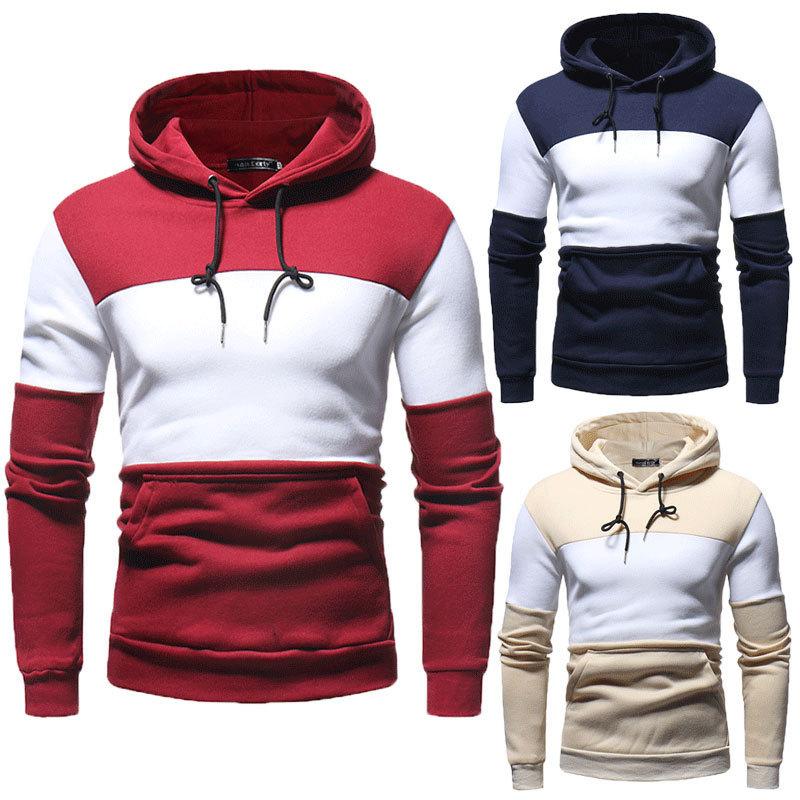 ForYourBeauty Heren trui met capuchon en patchwork kleur ribkleding heren hoodies met lange mouwen zwart blauw herfst winter plus size sweatshirt M marineblauwe kleur