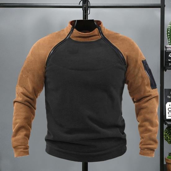 Chosyin Mannen Sweatshirt Contrast Kleur Opstaande Kraag Rits Ontwerp Herfst Winter Losse Warme Dikke Winddichte Mannelijke Outdoor Sport Casual Lange Mouwen Top 2XL donkergrijze kleur