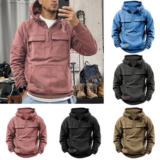 Tianhangyuan Heren herfst winter hoodie trekkoord effen kleur losse zakken lange mouw grote opgestikte zak halve rits elastische manchet heren trui top 3XL kaki