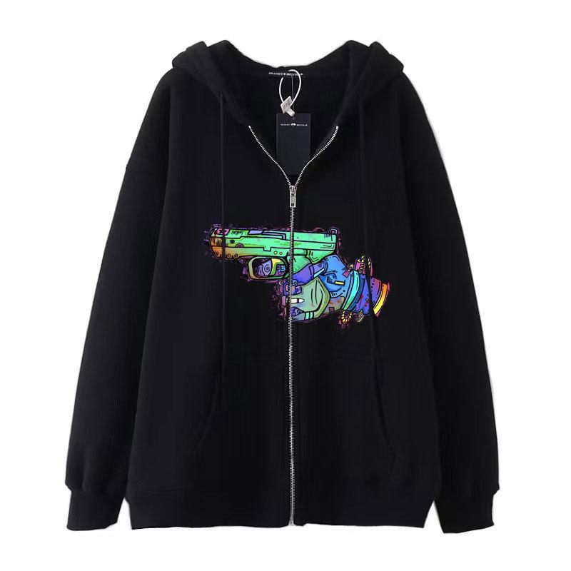 TENJINGE Trendy Diablo Stijl Hiphop Gothic Harajuku Y2K heren Pistol Print Paar Hoodie met Ritssluiting Harajuku Jas Hoodie S