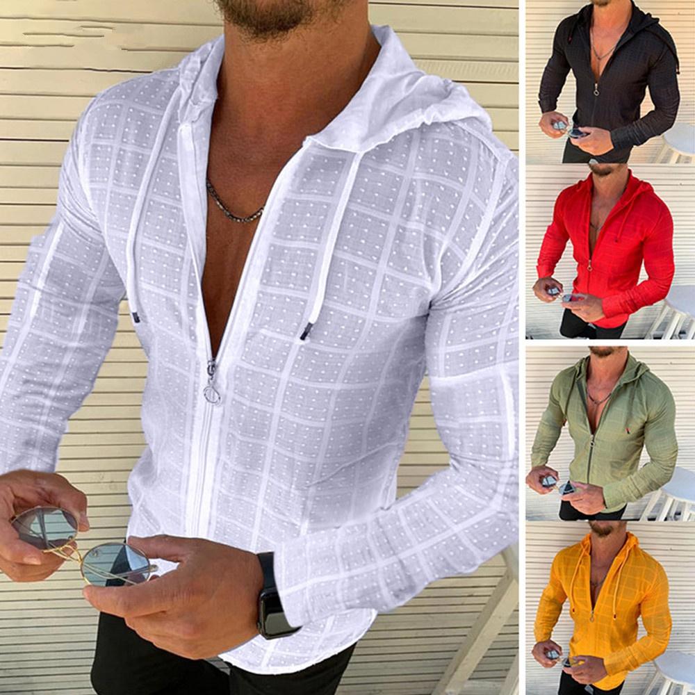 NH94YD Nieuw herenoverhemd Casual shirt met lange mouwen en rits Slanke mode T-shirt met capuchon Sociale herentop 2XL zwart