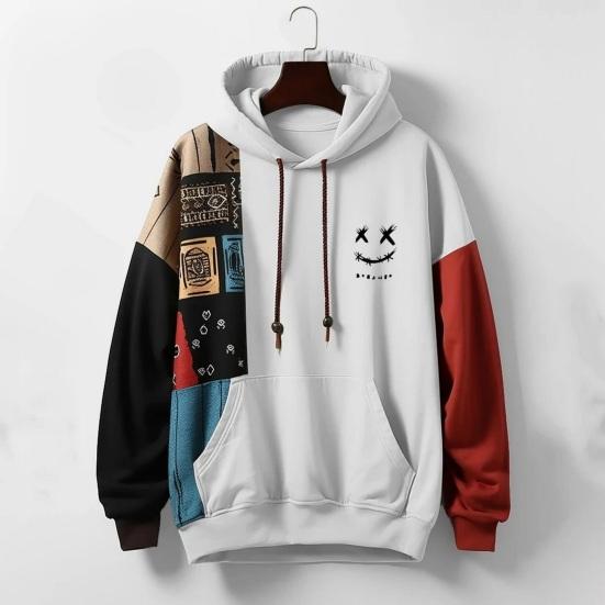 Chosyin Herfst Winter Heren Hoodie Losse Lange Mouw Kleuraanpassing Grote Opgezette Zak Cartoon Patroon Retro Capuchon Dikke Warme Trui Streetwear Mannen top 2XL wit