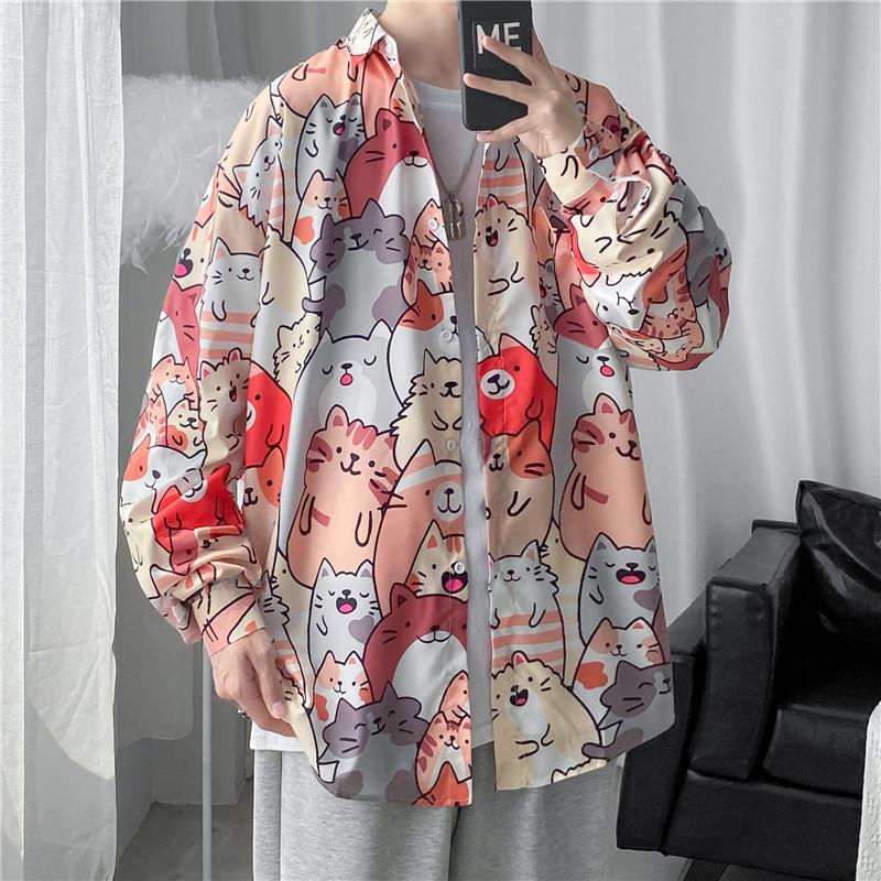 HU5RN Herfst Anime Bedrukt Shirt Lange mouwen voor Mannen Shirts Koppels Volledige Print Losse Trend Ins Japanse Mannelijke Paar Shirts Jas Blouse voor Man L helder roze