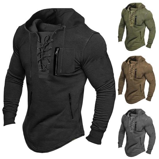 HU5RN Mannen Herfst Lente Top Lace Up Trekkoord Effen Kleur Lange Mouw Rits Zakken Pullover Streetwear Zachte Breathale Mannen Halflange Hoodie 2XL zwart