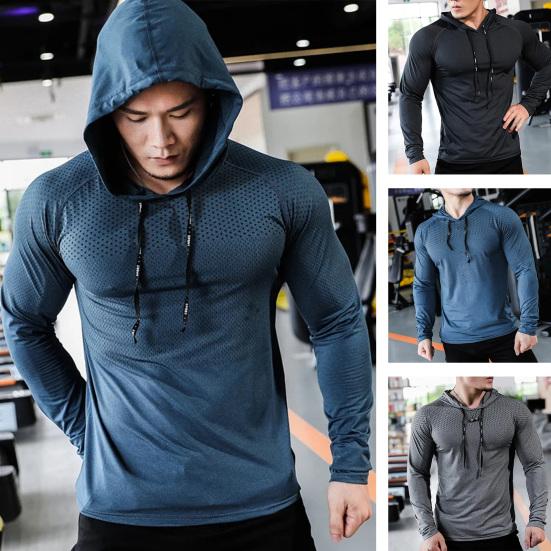 Yunzhu Heren Sport Top Trekkoord Capuchon Lange mouw Slim Fit Zacht Ademend Hoge Elasticiteit Sneldrogend Holle Mesh Jogging Training Zomer Lente Sweatshirt M koningsblauwe kleur