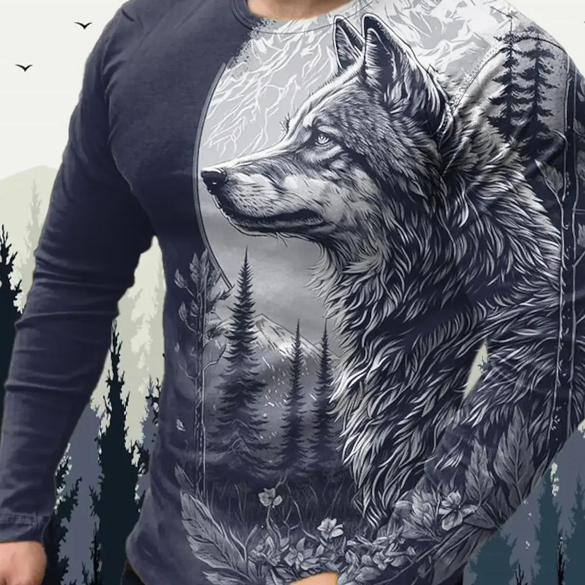 ETST WENDY 005 Heren T-shirts Vintage Animal Wolf Lange Mouw Tops Herfst Sweatshirt Grafische Casual Hip Hop Mode Kleding O-hals T-shirts 3XL