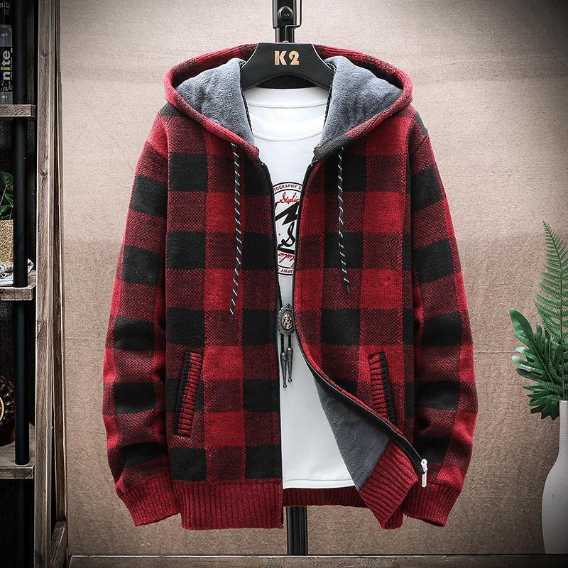 Yoxier Heren Fleece Warm Cardigan Plaid Trui Capuchon Winterkleding Harajuku Jas Volledige Rits Cardigans Jas Mode Gebreide Trui L  55-65kg