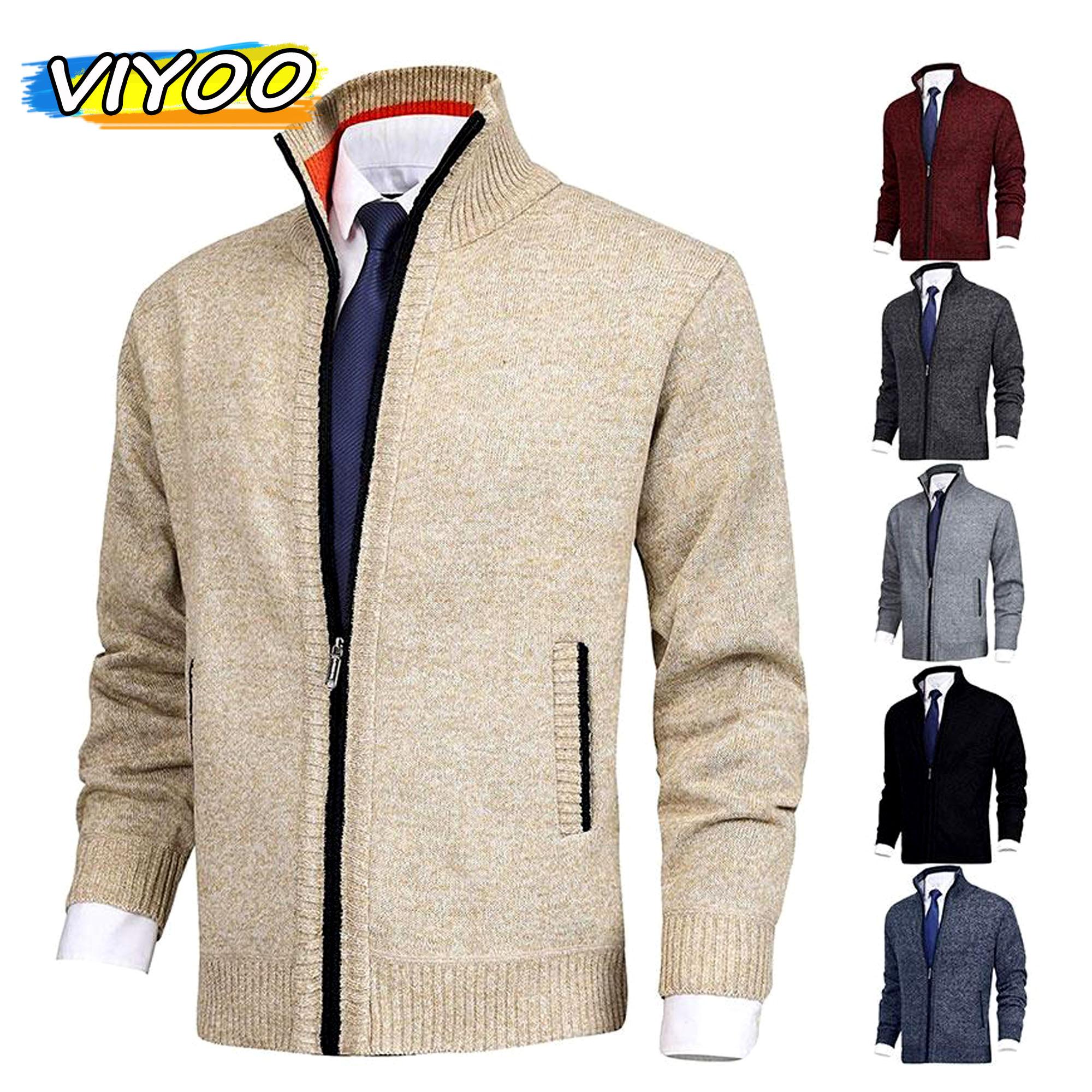 VIYOO 2021 Nieuwe Plus Fluweel Dikke Herfst Winter Kleding Warme Vesten Heren Warme Kasjmier Casual Wollen Rits Slim Fit Fleece Jas Heren Jas Jurk Breien L donkergrijze kleur