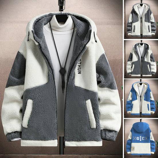 Jiantengxujm Herfst Winter Heren Jas Colorblock Capuchon Ritssluiting Vest Dikke Pluche Letter Decor Warme Zakken Met Lange Mouwen Koudebestendige Herenjas XL beige