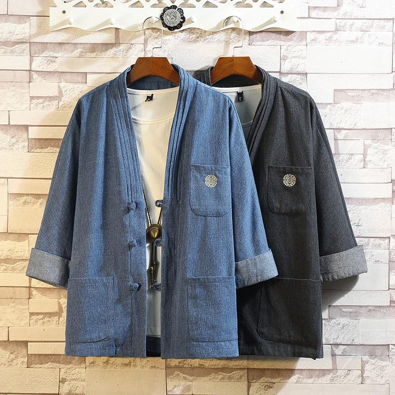 KiKoy Japanse stijl Kimono Haori Samurai gewaden Jurk Chinese Hanfu Cardigan Jassen Mode Retro Qipao Tops Denim Jassen Casual Blouse 5XL zwart