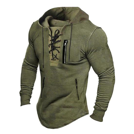 Youkeme Mannen Herfst Lente Top Lace Up Trekkoord Effen Kleur Lange Mouw Rits Zakken Pullover Streetwear Zachte Breathale Mannen Halflange Hoodie XL bruin