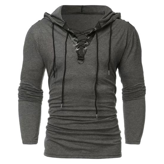 Youkeme Mannen Lente Herfst Hoodie Lange Mouw Riem Lace Up Trui Zacht Effen Kleur Vintage Effen Kleur Ademend Casual Heren Winter top L zwart