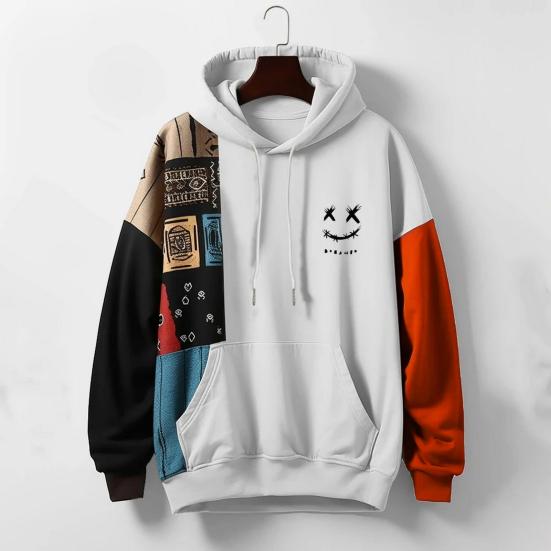 DILLER Herfst Winter Heren Hoodie Losse Lange Mouw Kleuraanpassing Grote Opgezette Zak Cartoon Patroon Retro Capuchon Dikke Warme Trui Streetwear Mannen top 3XL wit