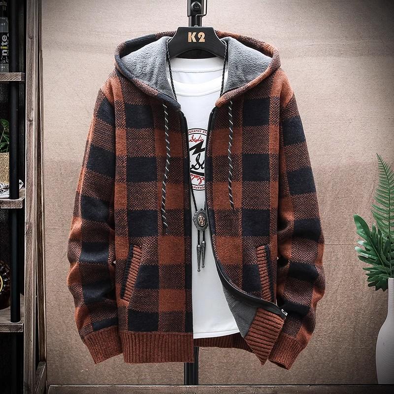 FX Men Heren Winter Plaid Trui Capuchon Cardigan Jas Fleece Warme Gebreide Jassen XL bruin