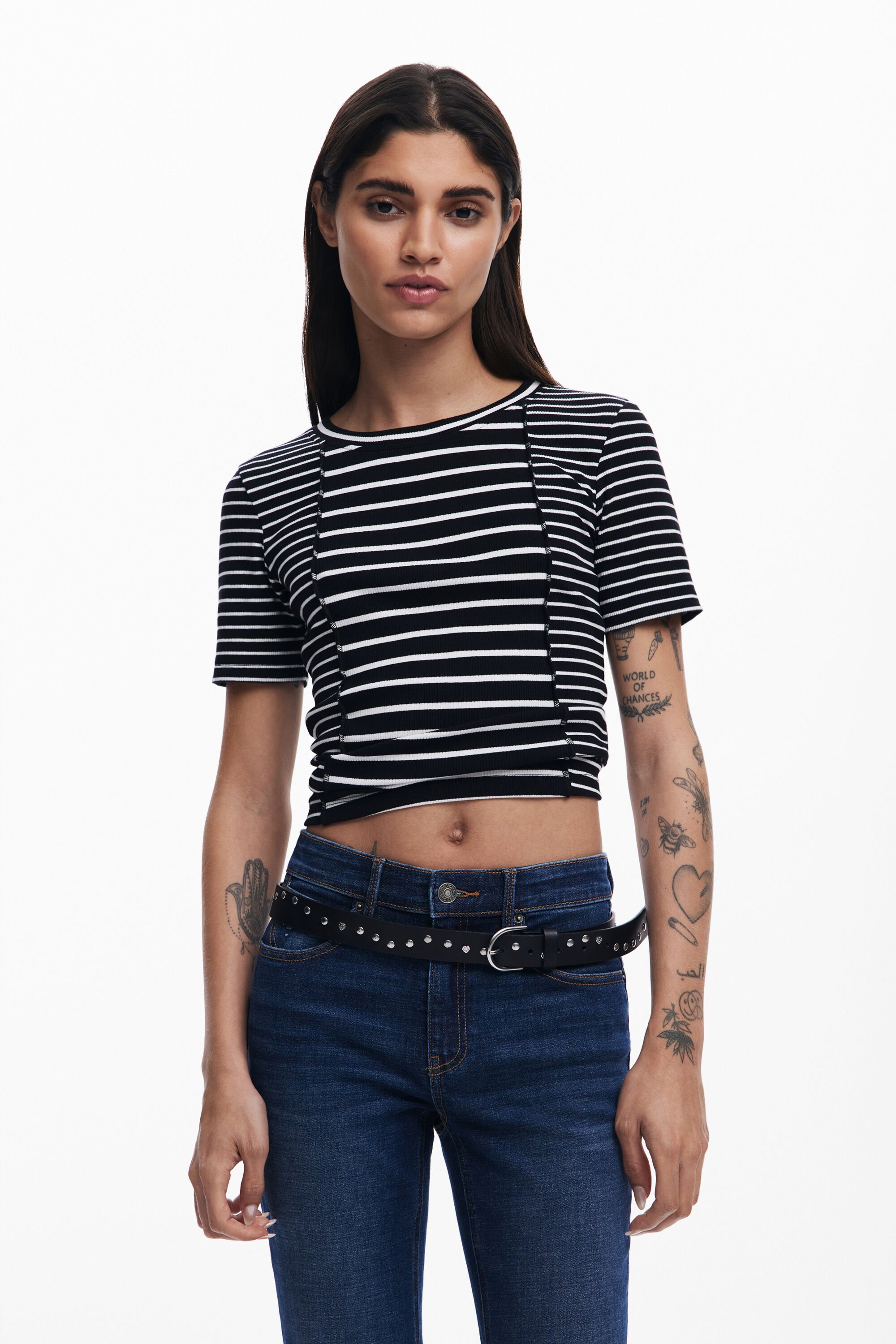 Desigual T-shirt met ongelijke strepen - BLACK