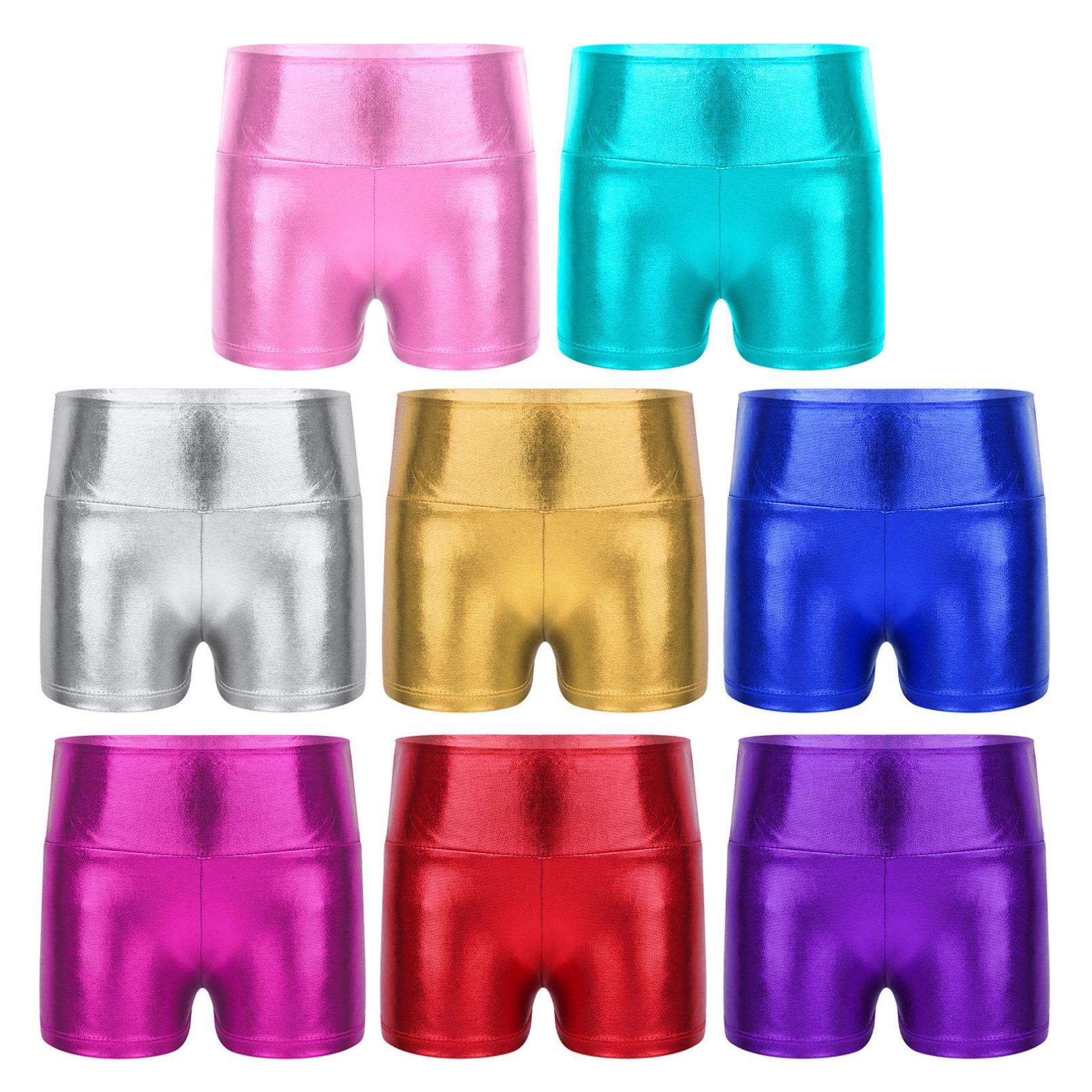 HULIJA Effen kleur kinderen meisjes sport gymnastiek actieve slijtage metallic glanzende hoge taille dansshorts 3-4 Years rood