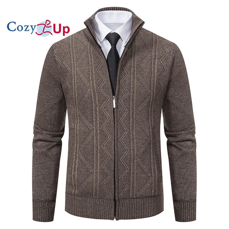 Cozy Up Heren Full Zip Cardigan Sweater Slim Fit Kabelgebreide Rits Trui met Zakken M bruin