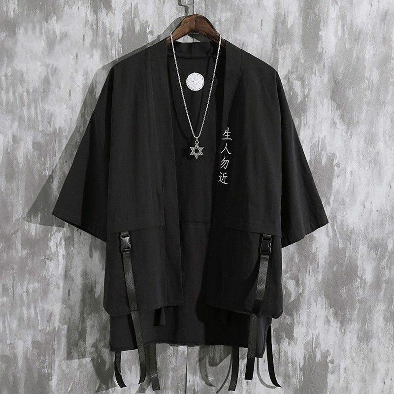 DSorothy Zomer mannen Haori Vest Kimono Shirt Samurai Japanse Kleding Gewaden Losse Obi Mannelijke Yukata Jas Streetwear Aziatische Kleding 3XL zwart