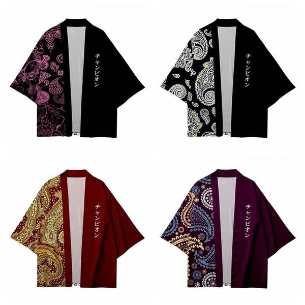 NIUBI Supermarket Retro heren kimono jas vest jas bedrukte halve mouw Yukata Haori XS