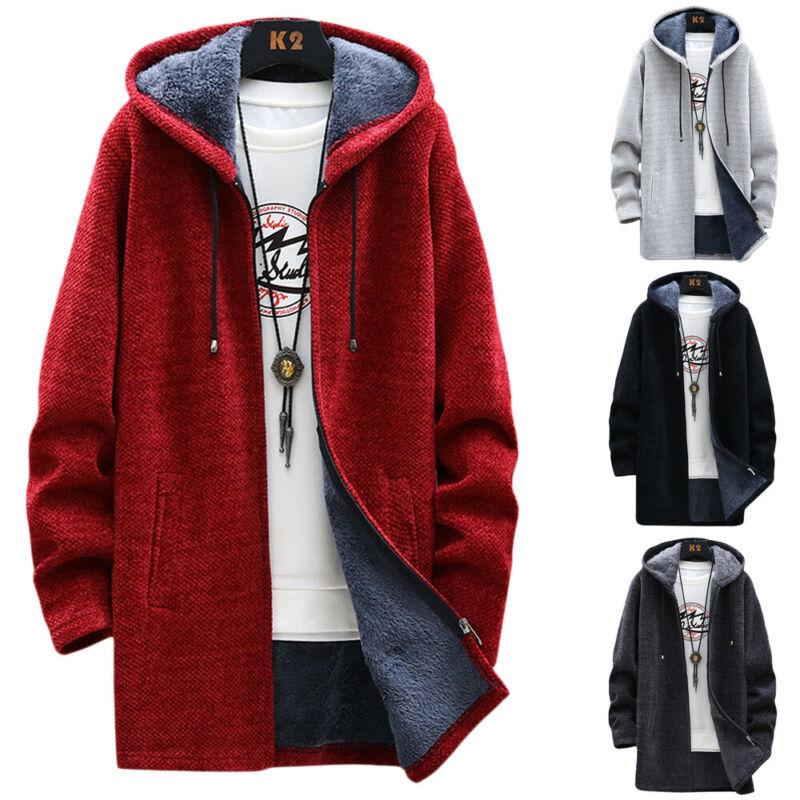 NH94YD Heren trenchcoats winterjassen fleece parka vest met lange mouwen en capuchon warm casual lang gebreid jasje 2XL zwart