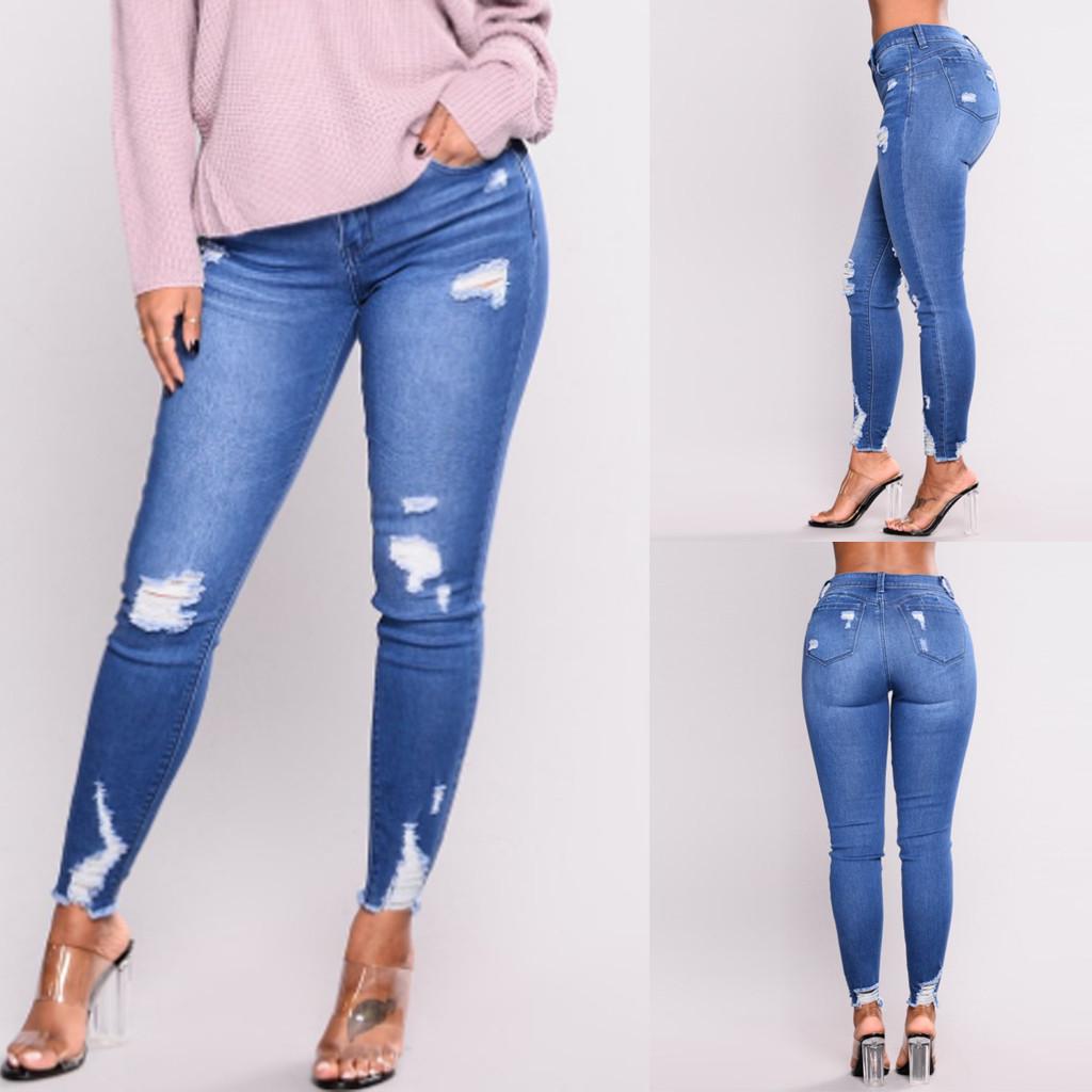 Vinc Dames Casual Slim Jeans Damesmode Hoge taille met gaten in elasticiteit en broeken voor kleine voeten XXXL