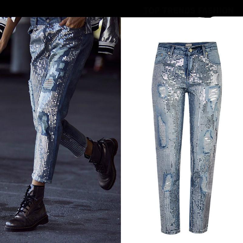 STYLECHASER Sexy Low-waist Slim Jeans Patchwork Borduurwerk Pailletten Denim Broek Gewassen Jeans XS blauw