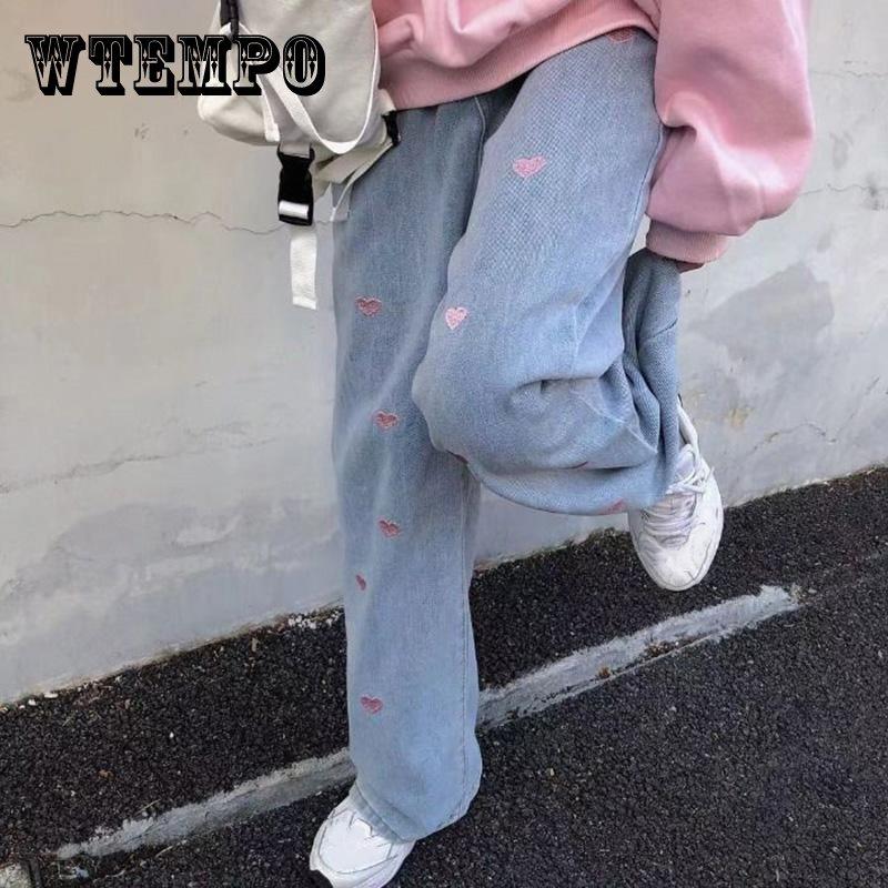 WTEMPO Pink Heart Printed Jeans Women's High Waist Loose Casual Jeans Straight Super Long Wide Leg Jeans S blauw