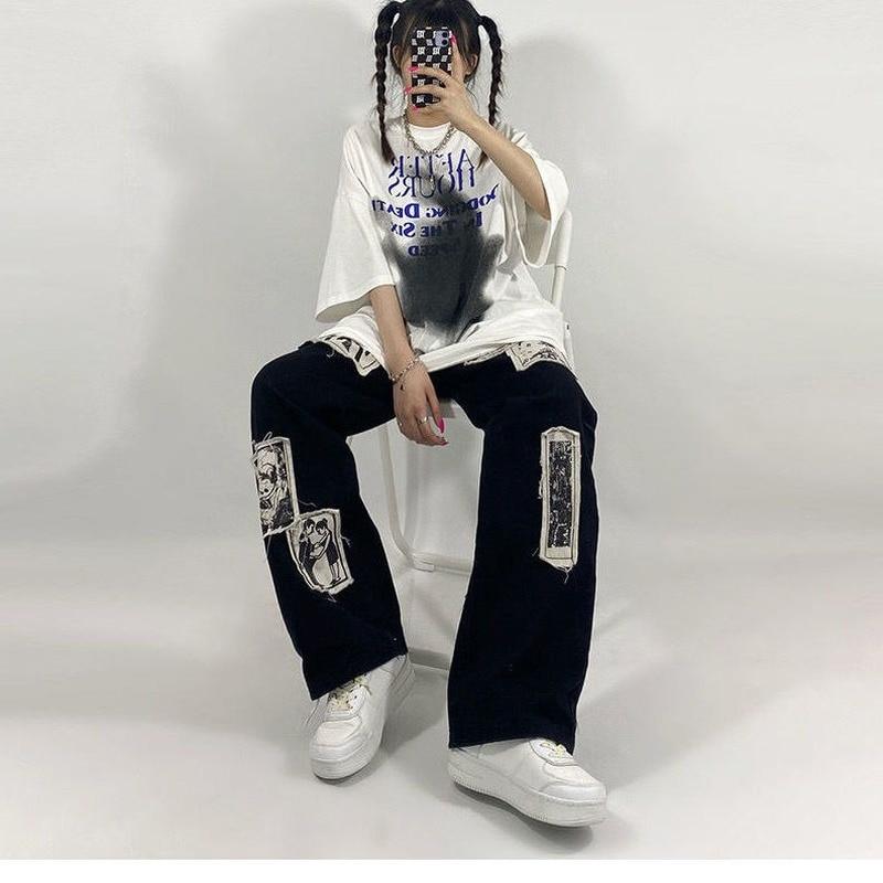 HOUZHOU Grunge Patchwork Zwarte Jeans Vrouwen Hip Hop Broek Streetwear Jaren '90 Print Broek S zwart