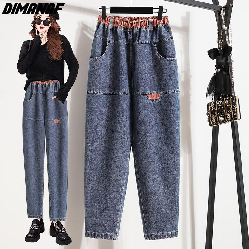 Dimanaf Plus Size Dames Jeans Broek Denim Vrouwelijk Potlood Elastisch Basic Blauw Hoge Taille Broek Oversize Mode Nieuwe Broek 5XL XL blauw