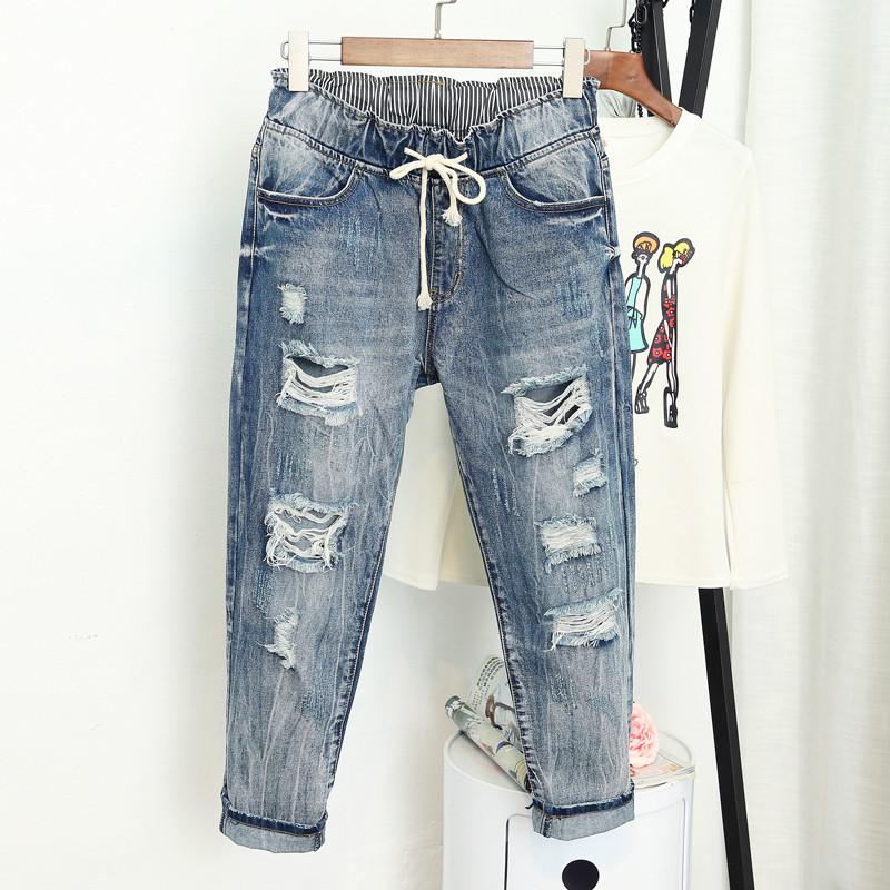 Landon Zomer gescheurde boyfriend jeans voor dames mode losse vintage hoge taille jeans plus maat jeans 6XL blauw