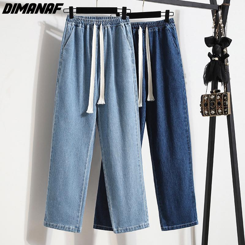 Dimanaf 2022 zomer jeans lange broek vrouwen elastische basic broek losse casual denim blauwe wijde pijpen broek casual broek plus size broek XL lichtblauwe kleur