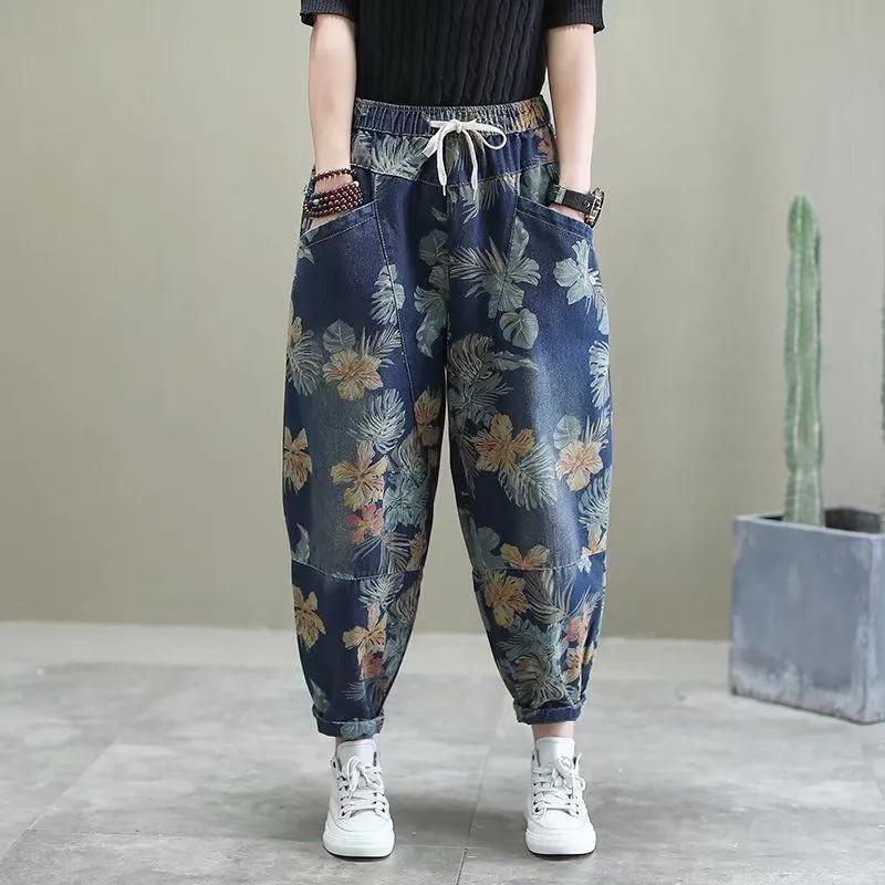 YYDS NO.1 Vintage Print Harem Broek Jeans Dames Mode Casual Losse Veter Zomer Lantaarn Broek Dames Streetwear Broeken XXL zwart