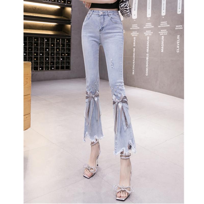 Yukiesue Lente 2022 Damesmode Hoge Taille Vrouwen Boog Jeans Mager Kwastje Vrouw Denim Capri Flare Broek Jean Moeder jeans Broek S zwart