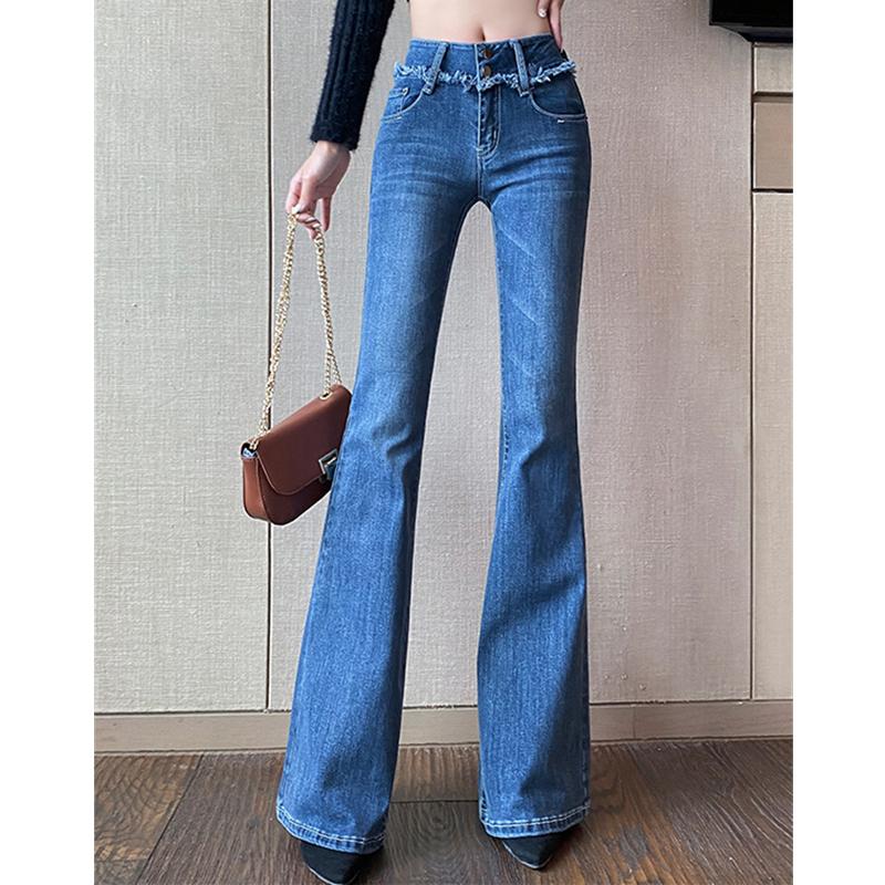 Yukiesue Lente 2022 Womens Hoge Taille Vintage Vrouwen Wijde Pijpen Jeans Skinny Flare Vrouw Denim Capri Broek Jean Moeder Jeans broek S blauw