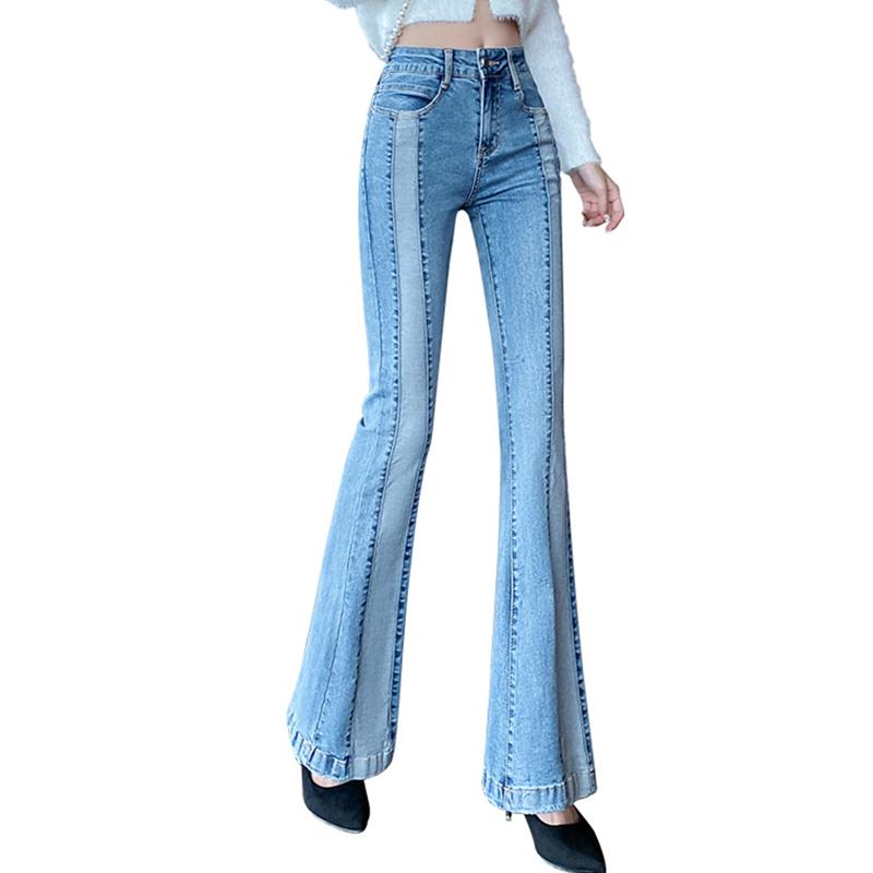 Yukiesue Lente 2022 Womens Hoge Taille Esthetische Vrouwen Jeans Skinny Patchwork Vrouw Denim Capri Flare Broek Jean Moeder Jeans Broek S blauw