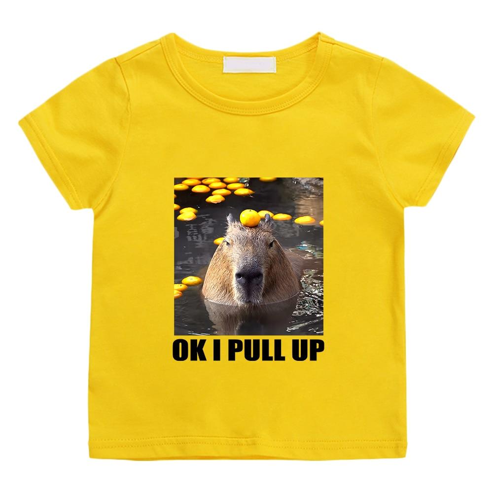 Rice grain childrens clothing factory direct sales OK I PULL UP Capibara Leuke Print T-shirt Korte Mouw 100% Katoen Kinder T-shirt Kawaii Cartoon Grafische Afdrukken T-shirt Zacht 100 wit