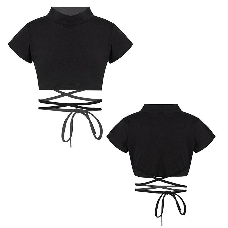 Aislor Kinderen meisjes korte mouw Mock Neck atletische sport crop top strappy taille jazzdans top T-shirts 7-8 Years zwart