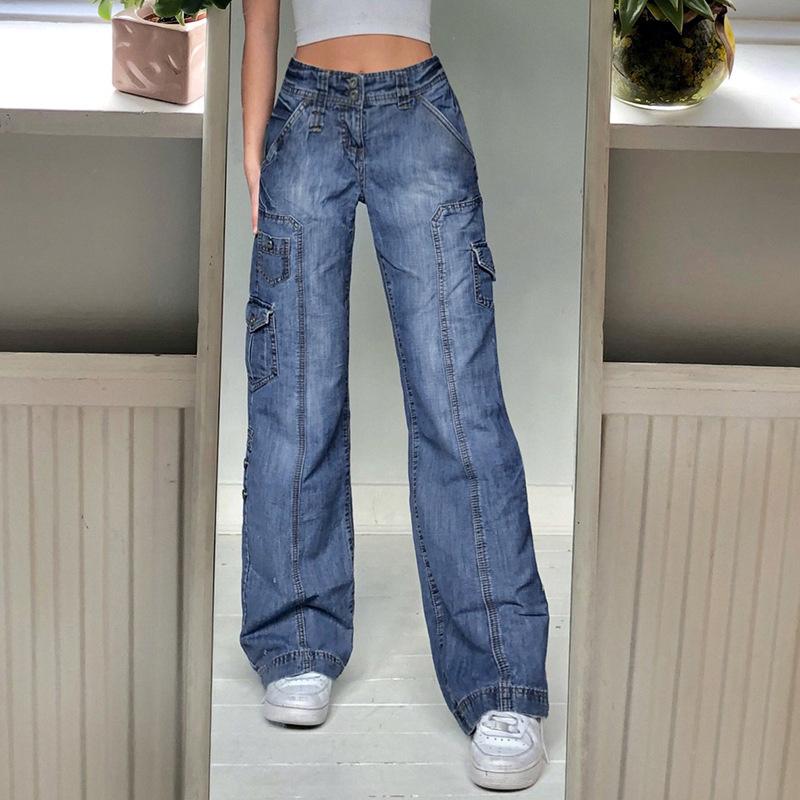 Yukiesue womanJeans Streetwear Dames Jeans met hoge taille Wijde pijpen Zakken Patchwork dames Baggy Cargobroek Vintage Denim Capri S bruin