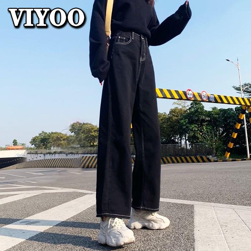 VIYOO Vrouw Jeans Zwart Koreaans Y2K Kleding Dweilen Broek Denim Vintage Zwart Casual Broek Vrouwen Hoge Taille Herfst Baggy Jeans Streetwear S zwart