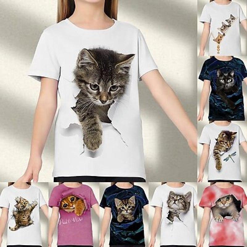 ETST WENDY 09 Kinderen Meisjes 3D Kat T-shirt T-shirt Korte mouw Kat Grafisch Dier Regenboog Kinderen Tops Actief Schattig 3-12 jaar 100