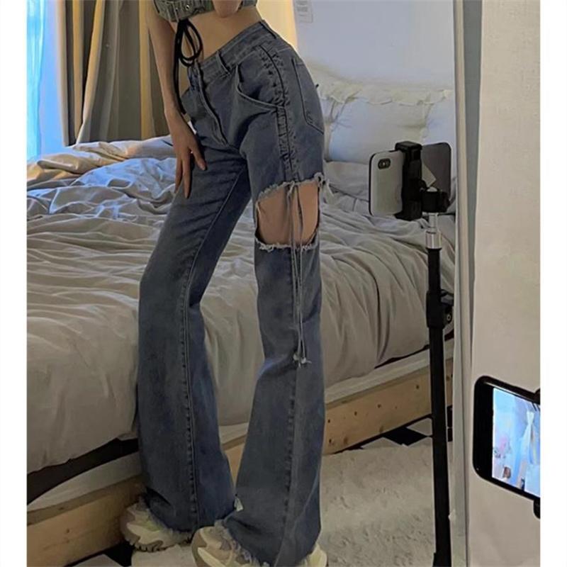 Yukiesue esthetisch gescheurd gat lente flare dames hoge taille Dames wijde pijpen jeans baggy vrouw denim broek jean mom jeans broek S blauw