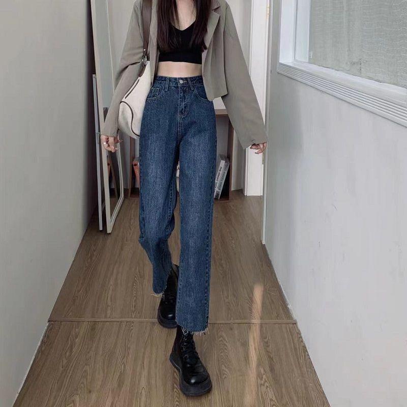 Yukiesue Lente 2022 Damesmode Hoge Taille Vrouwen Wijde Pijpen Jeans Baggy Vrouw Denim Capri Rechte Broek Jean Moeder jeans Broek L blauw