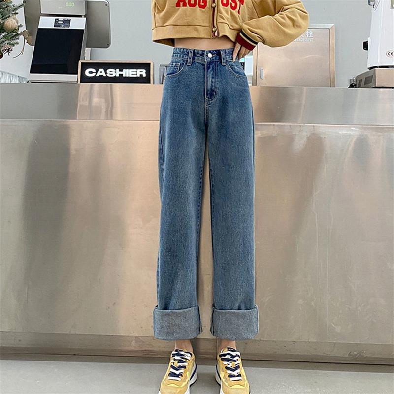 Yukiesue Lente 2022 Womens Fashion Hoge Taille Y2k Vrouwen Wijde Pijpen Jeans Baggy Vrouw Denim Capri Rechte Broek Jean Mom jeans Broek XS donkerblauwe kleur