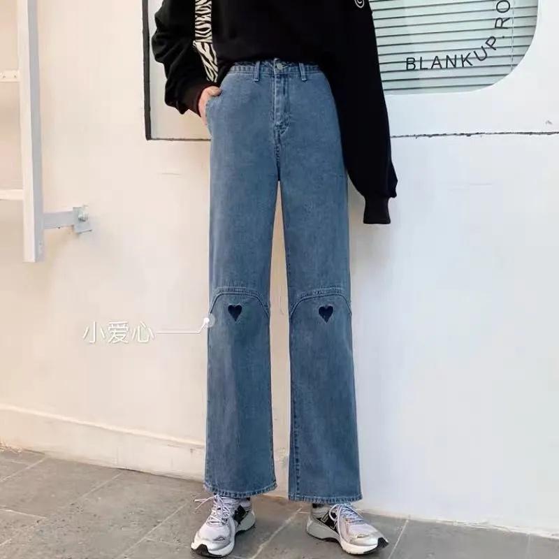 Yukiesue Lente 2022 Womens Fashion Hoge Taille Liefde Pint Vrouwen Wijde Pijpen Jeans Baggy Vrouw Capri Rechte Broek Jean Mom jeans Zwart S zwart