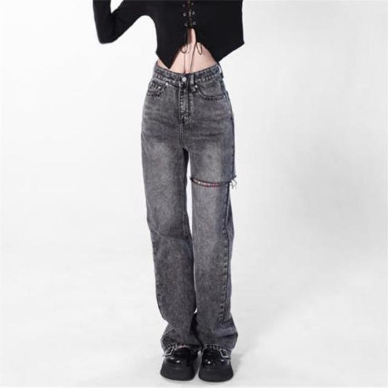 Yukiesue Lente 2022 Womens Fashion Hoge Taille Gescheurde Vrouwen Wijde Pijpen Jeans Baggy Vrouw Denim Capri Broek Jean Moeder Jeans broek S grijs